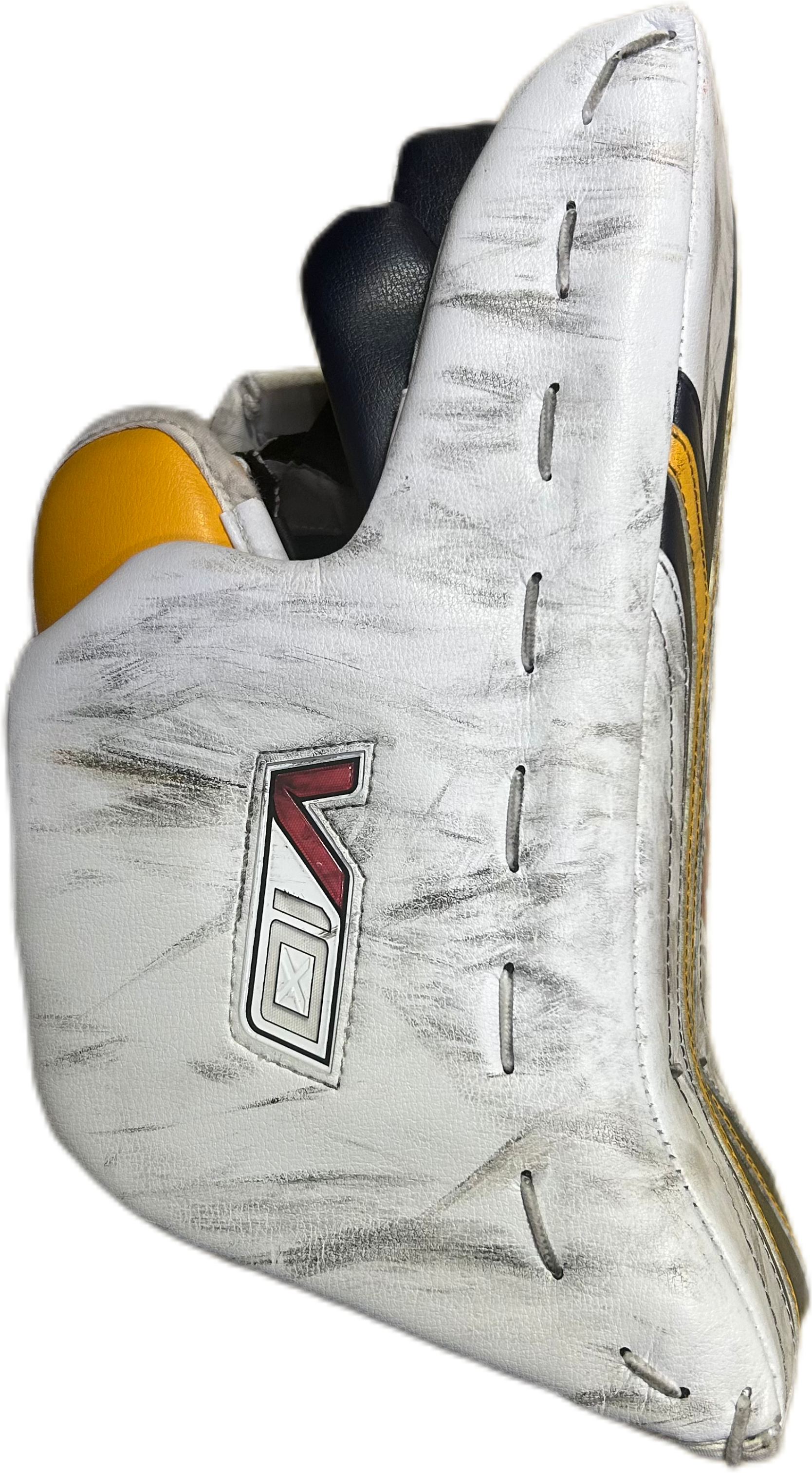 Vaughn Velocity V10 - Bloqueur de gardien de but Pro Stock d'occasion (blanc/bleu marine/jaune)